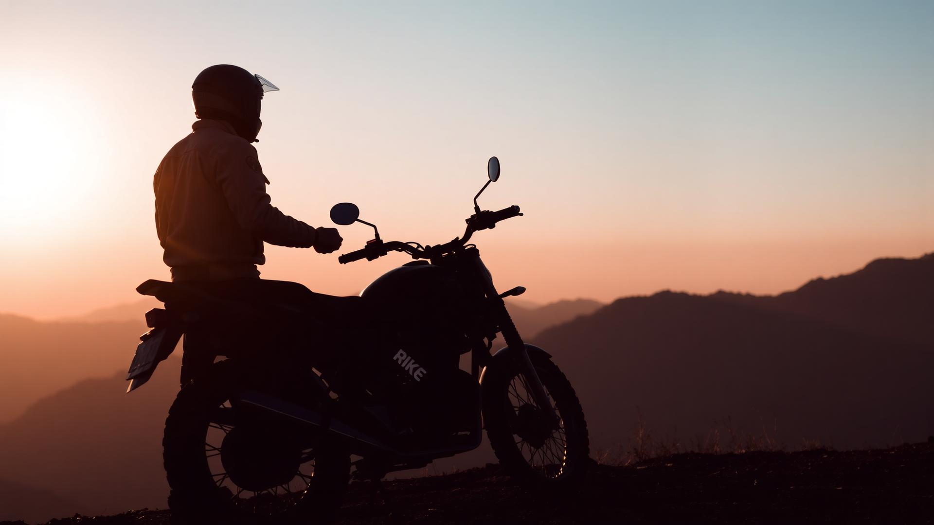 Rider standing beside a motorcycle on a Himalayan ridge at sunrise