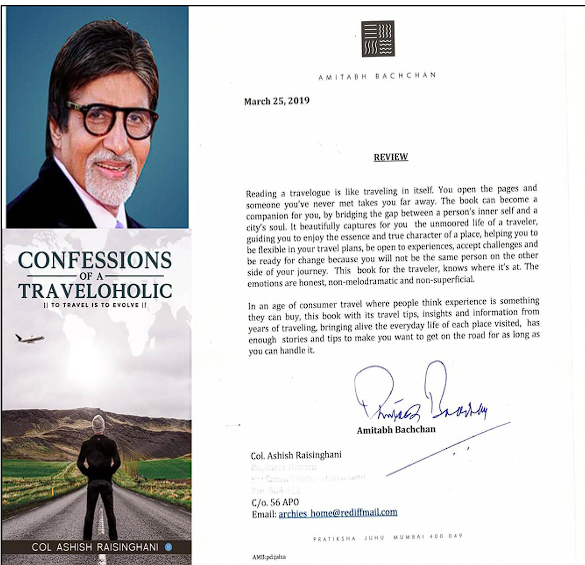 Amitabh Bachchan review letter for Confessions of a Traveloholic
