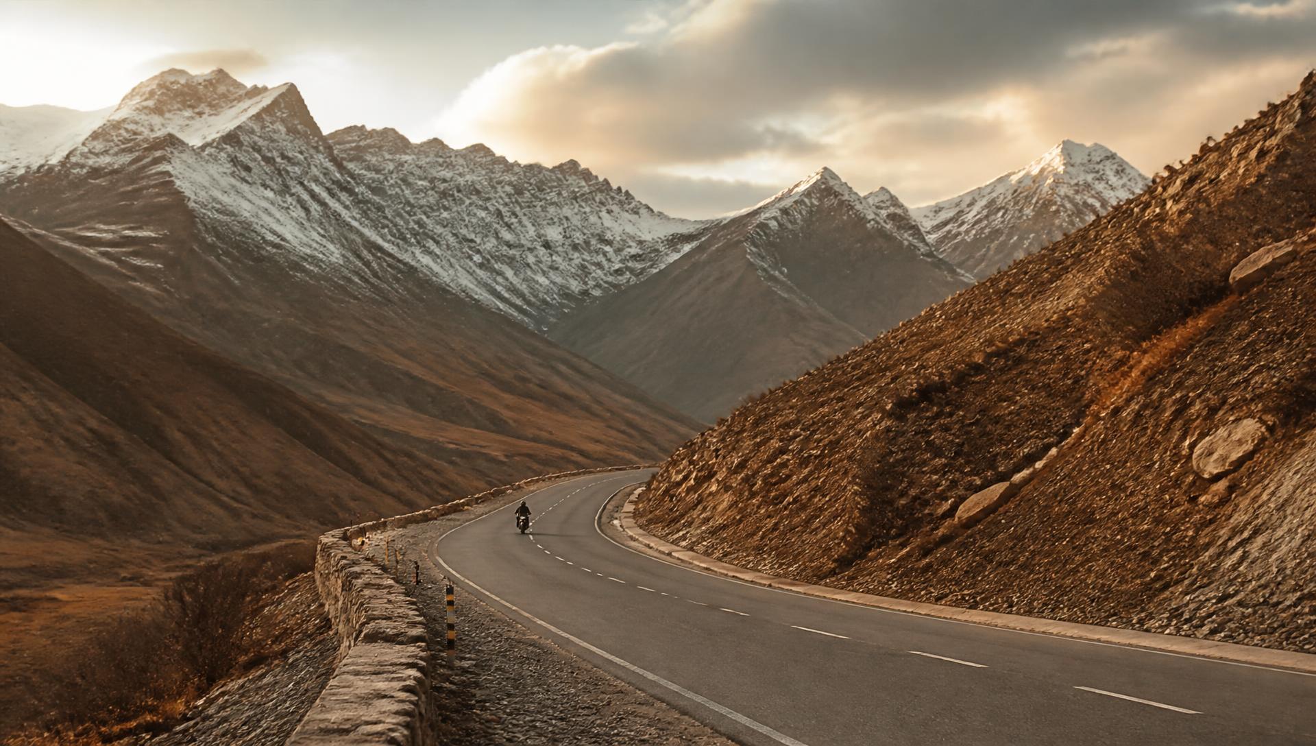 Empty mountain highway curving through high Himalayan peaks at sunrise