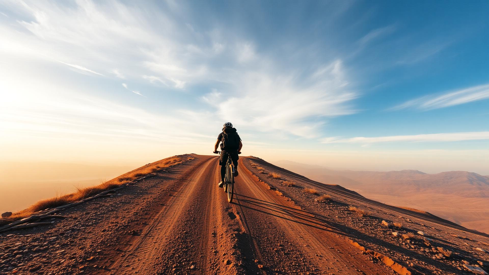 Cyclist riding a gravel road across a high mountain plateau at golden hour