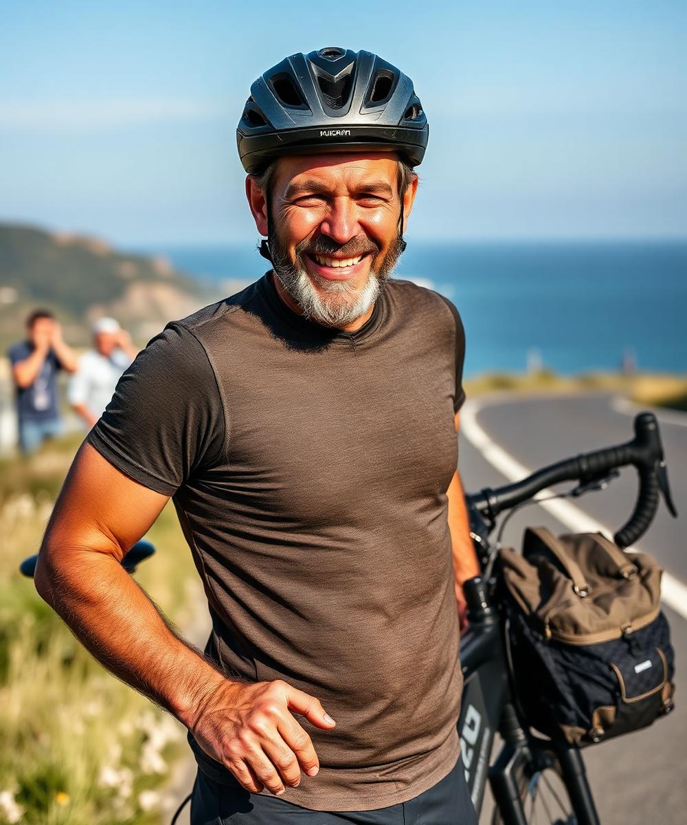Portrait beside a loaded touring bicycle